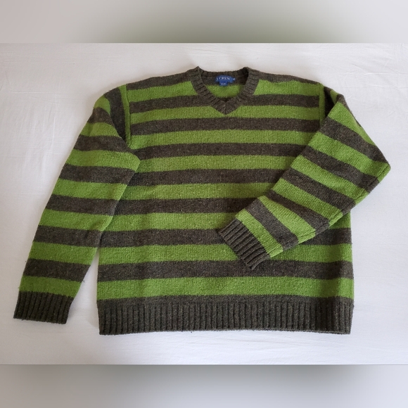 Vintage 90's J.Crew Green Rugby Stripe V-neck Wool Sweater Men's L - Picture 1 of 5